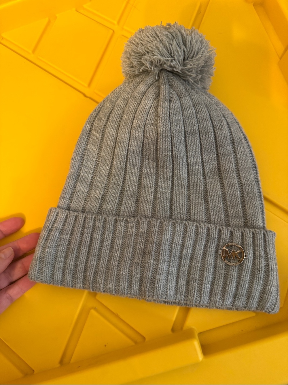 Michael Kors Light Gray Ribbed Pom Beanie with Logo Medallion